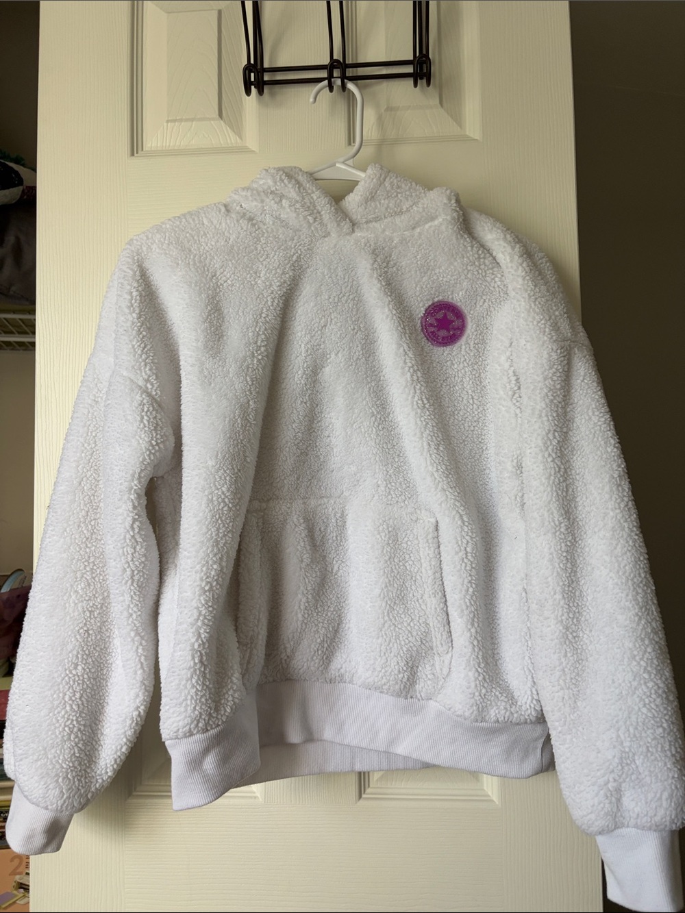 Converse White Sherpa Hoodie with Purple Logo Patch
